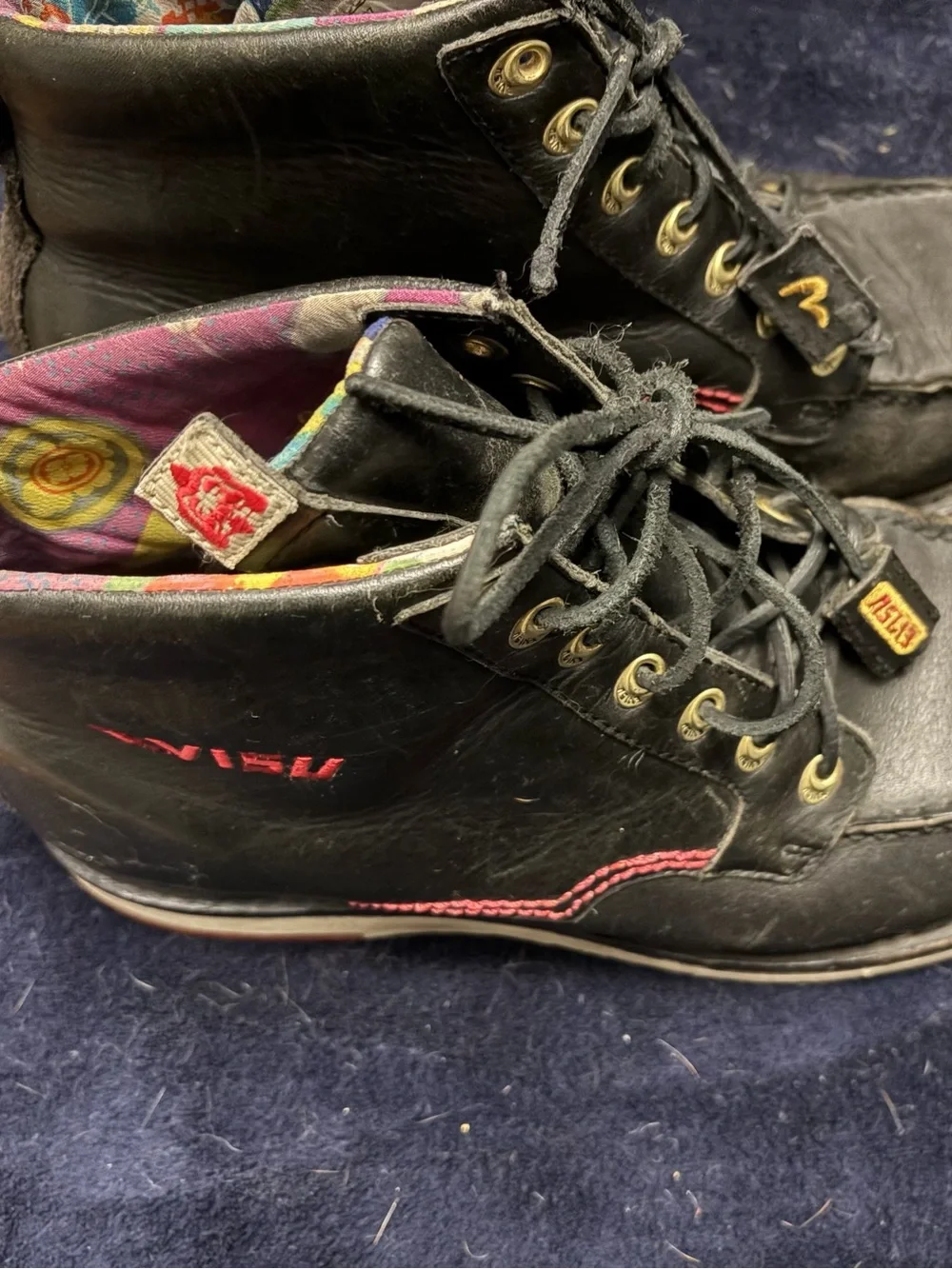 Evisu Black Leather Ankle Boots with Red Stitching and Red Logo